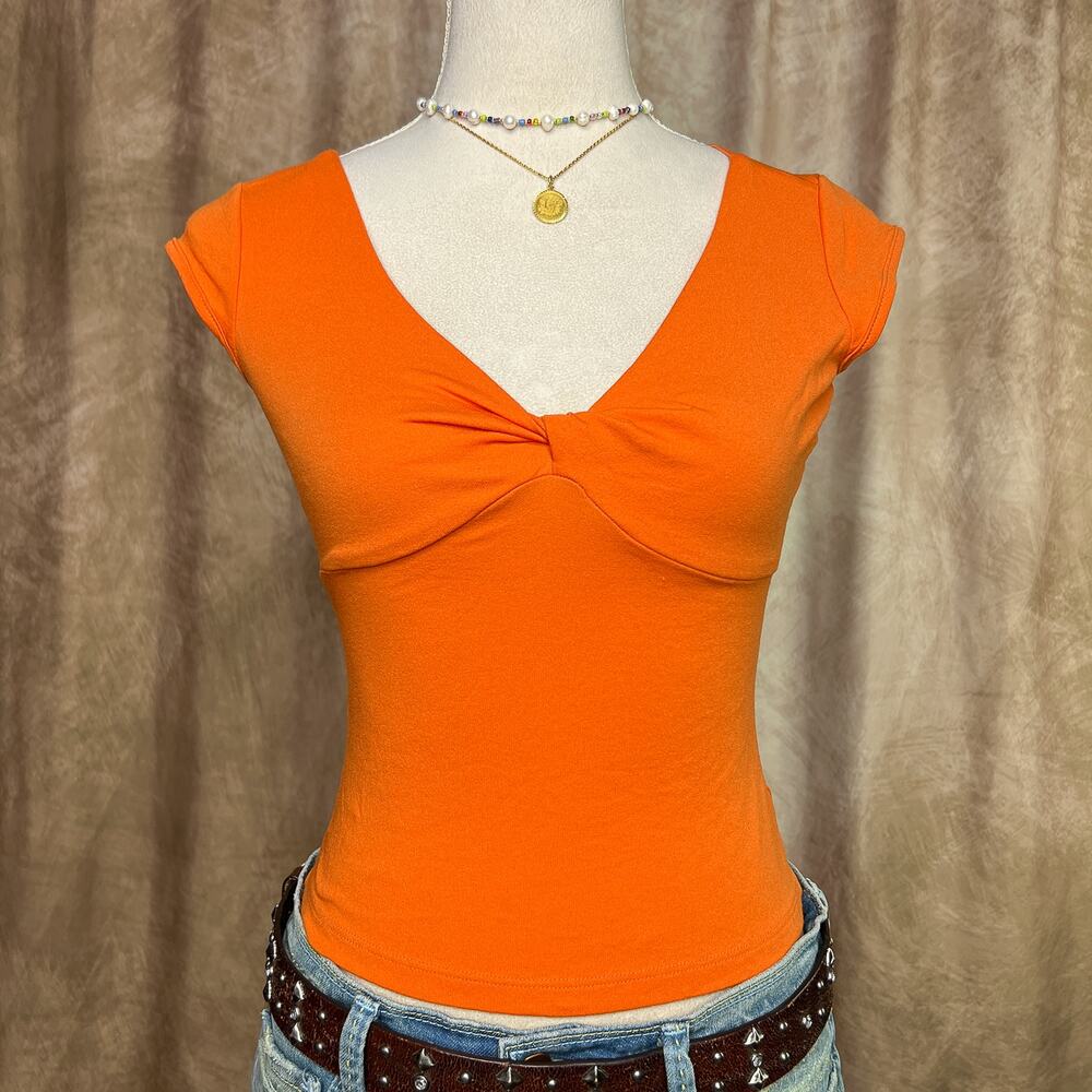 Vintage 90s Orange Twist Top Baby Tee V Neck Fitted Empire Waist Indie McBling